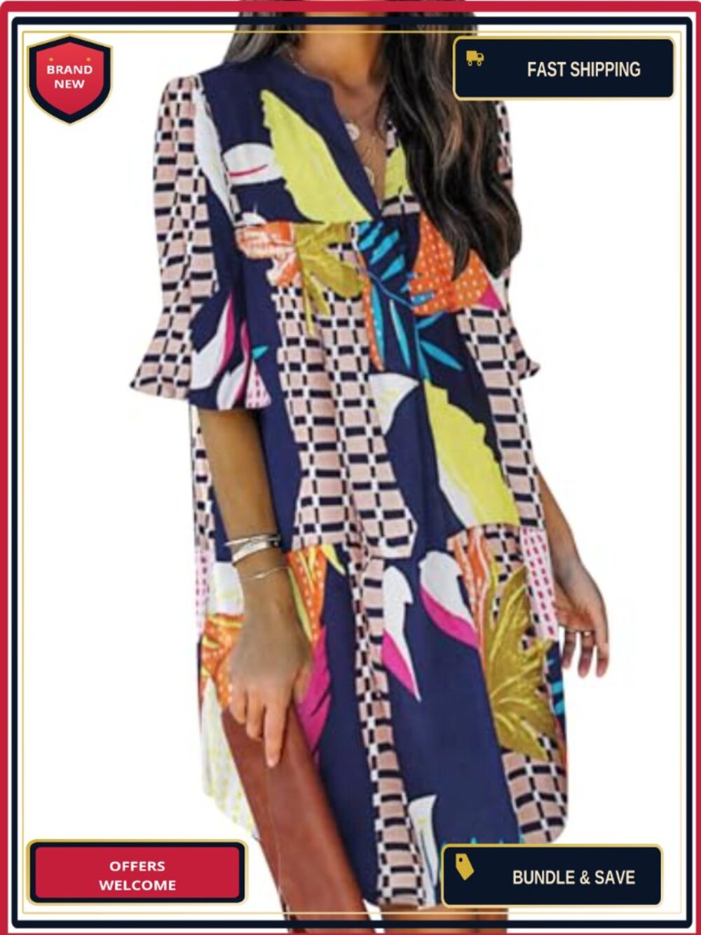 Womens Flowy Swing Mini Dress Ruffled V-Neck Short Sleeve Boho Casual Beach